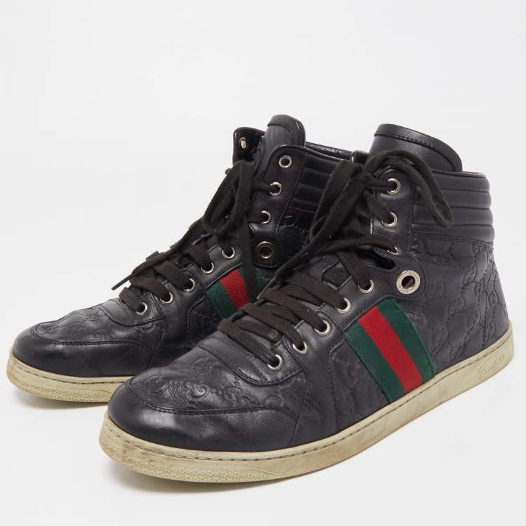 Pre Owned Gucci Black Guccissima Leather Web Detail High Top Sneakers Size 43.5