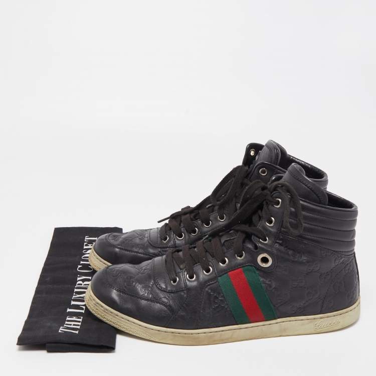 Pre Owned Gucci Black Guccissima Leather Web Detail High Top Sneakers Size 43.5