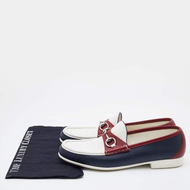 Pre Owned Gucci Tricolor Leather Horsebit Slip On Loafers Size 44