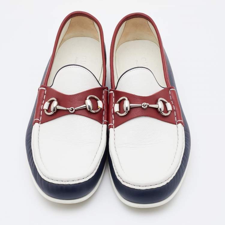 Pre Owned Gucci Tricolor Leather Horsebit Slip On Loafers Size 44