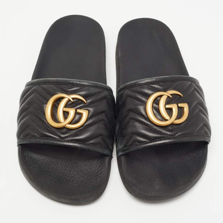 مملوكة مسبقًا Gucci Black Leather GG Marmont Pool Slides Size 41 