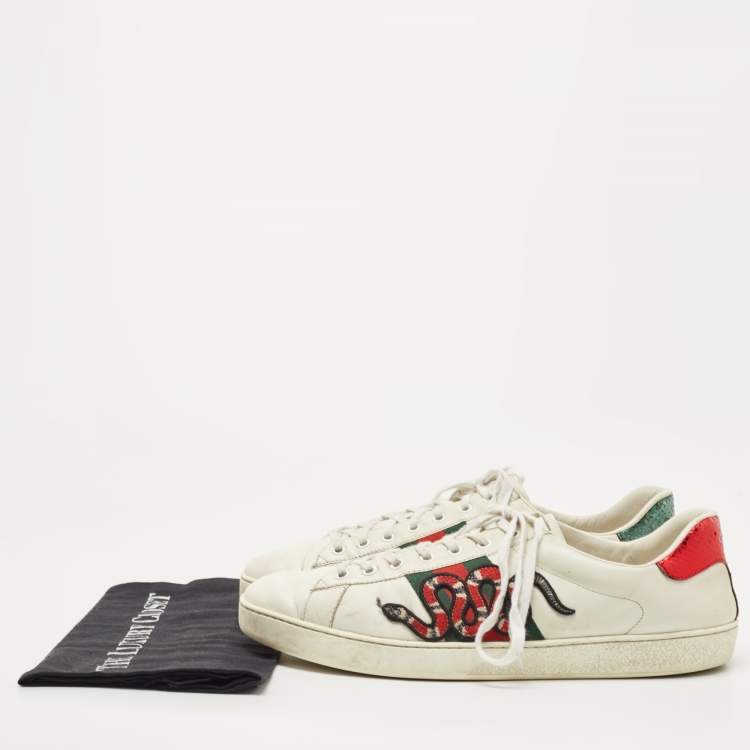 Pre Owned Gucci White Leather Embroidered Snake Ace Sneakers Size 45 