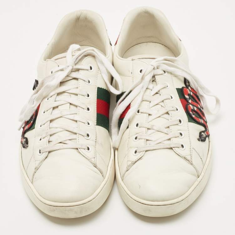 Pre Owned Gucci White Leather Embroidered Snake Ace Sneakers Size 45 