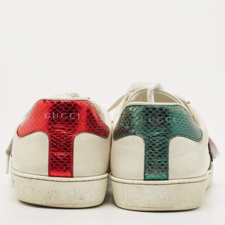 Pre Owned Gucci White Leather Embroidered Snake Ace Sneakers Size 45 