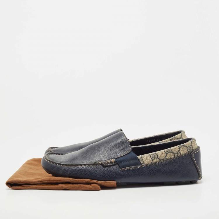 Pre Owned Gucci Navy Blue/Beige Leather and GG Supreme Canvas Slip On Loafers Size 45