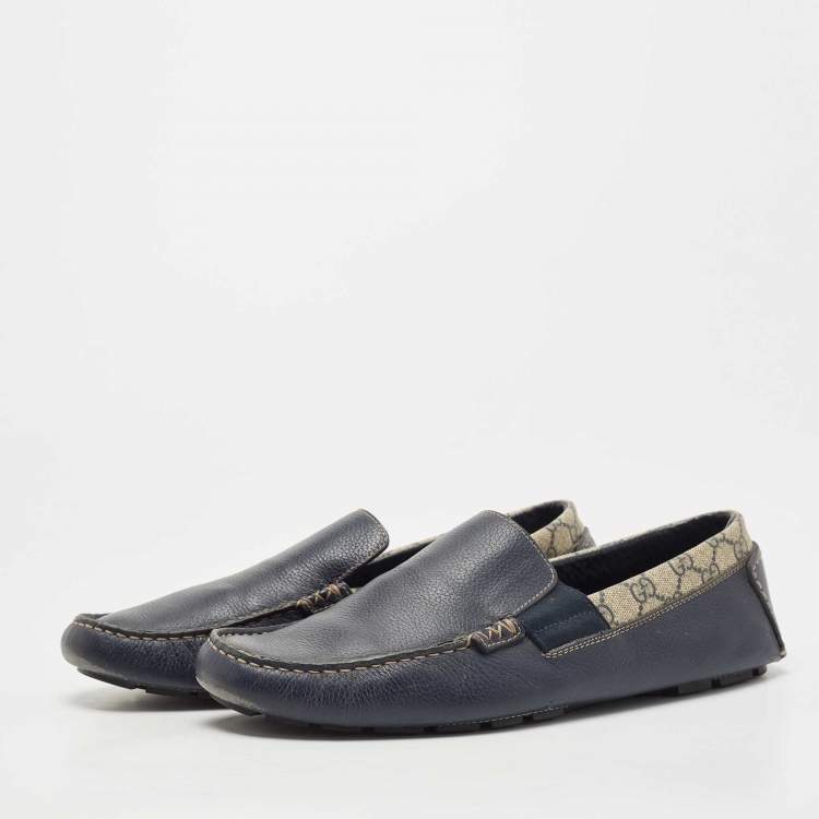 Pre Owned Gucci Navy Blue/Beige Leather and GG Supreme Canvas Slip On Loafers Size 45