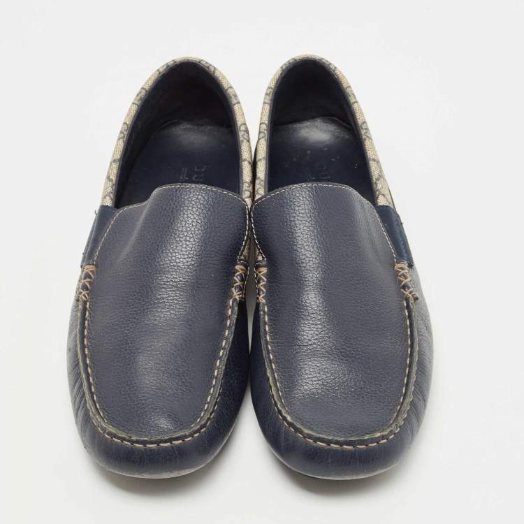 Pre Owned Gucci Navy Blue/Beige Leather and GG Supreme Canvas Slip On Loafers Size 45