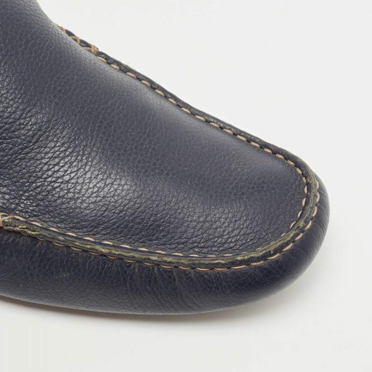 Pre Owned Gucci Navy Blue/Beige Leather and GG Supreme Canvas Slip On Loafers Size 45
