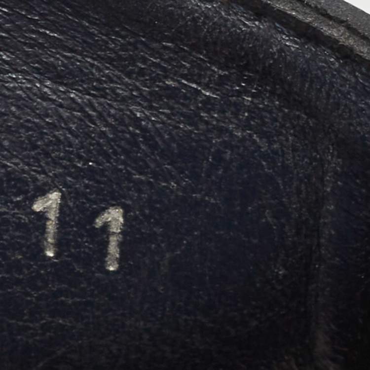 Pre Owned Gucci Navy Blue/Beige Leather and GG Supreme Canvas Slip On Loafers Size 45