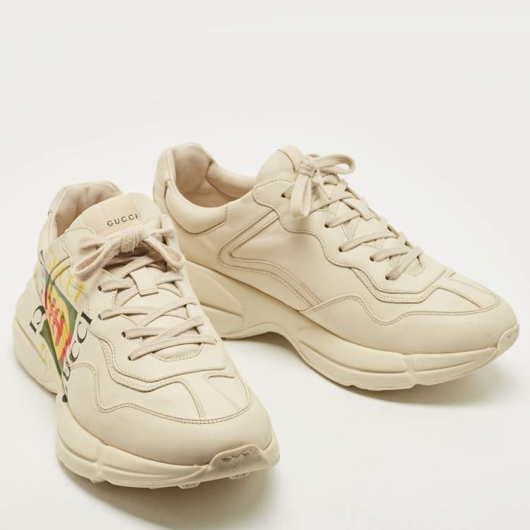 Pre Owned Gucci Cream Leather Rhyton Low Top Sneakers Size 44