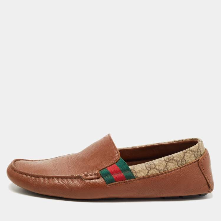 Pre Owned Gucci Brown Leather and Canvas Slip On Loafers Size 44.5