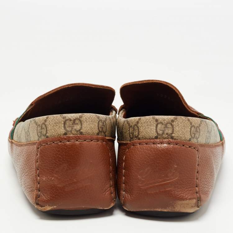 Pre Owned Gucci Brown Leather and Canvas Slip On Loafers Size 44.5