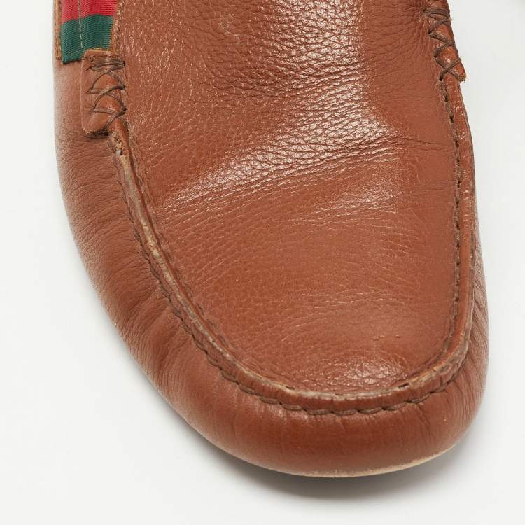 Pre Owned Gucci Brown Leather and Canvas Slip On Loafers Size 44.5