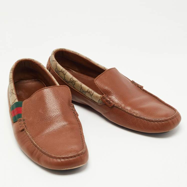 Pre Owned Gucci Brown Leather and Canvas Slip On Loafers Size 44.5