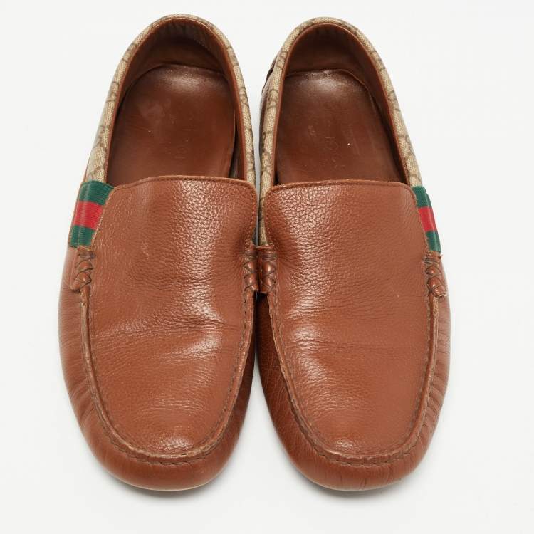 Pre Owned Gucci Brown Leather and Canvas Slip On Loafers Size 44.5
