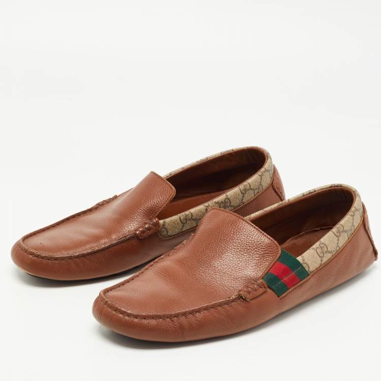 Pre Owned Gucci Brown Leather and Canvas Slip On Loafers Size 44.5