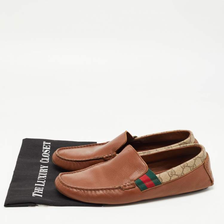 Pre Owned Gucci Brown Leather and Canvas Slip On Loafers Size 44.5