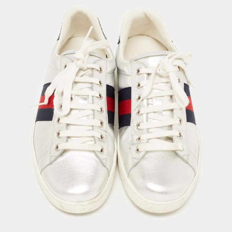 Pre Owned Gucci Silver Leather Ace Sneakers Size 43