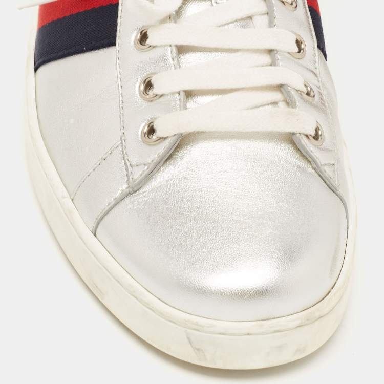 Pre Owned Gucci Silver Leather Ace Sneakers Size 43