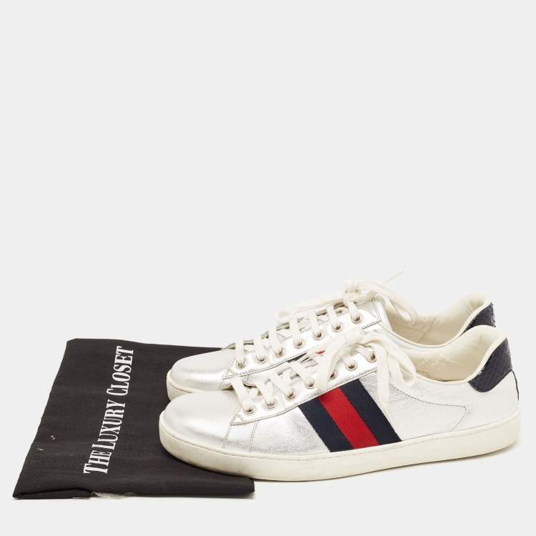 Pre Owned Gucci Silver Leather Ace Sneakers Size 43