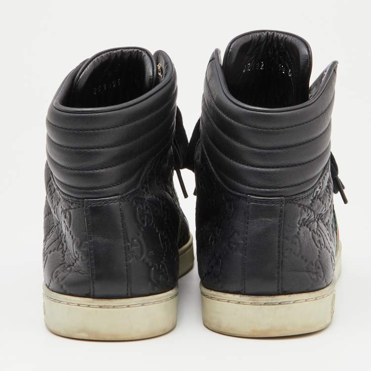 Pre Owned Gucci Black Guccissima Leather Web Detail High Top Sneakers Size 43.5