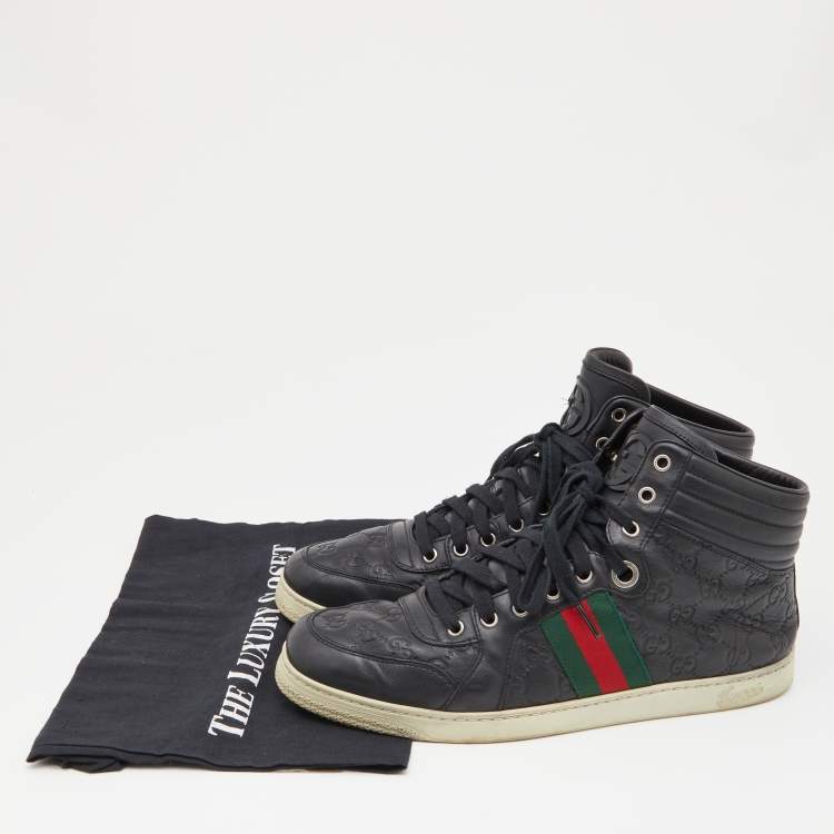 Pre Owned Gucci Black Guccissima Leather Web Detail High Top Sneakers Size 43.5