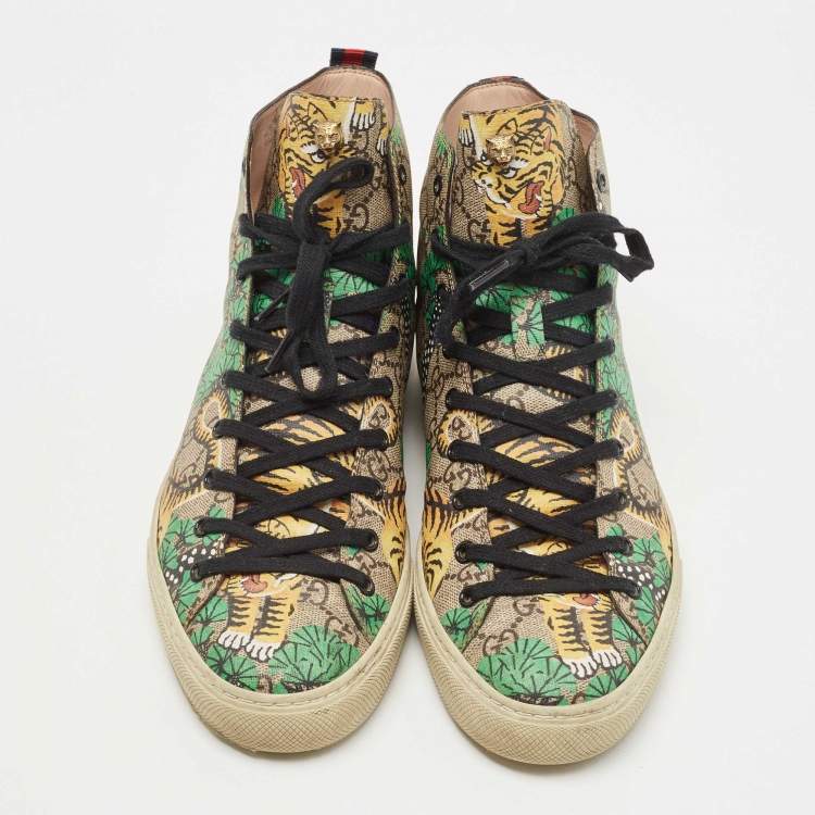 Pre Owned Gucci Brown/Beige GG Supreme Canvas Bengal Tiger High Top Sneakers Size 44