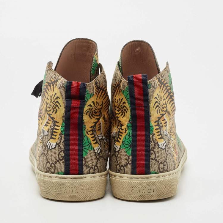 Pre Owned Gucci Brown/Beige GG Supreme Canvas Bengal Tiger High Top Sneakers Size 44