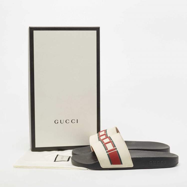 Pre Owned Gucci Cream Rubber Logo Slide Flats Size 44