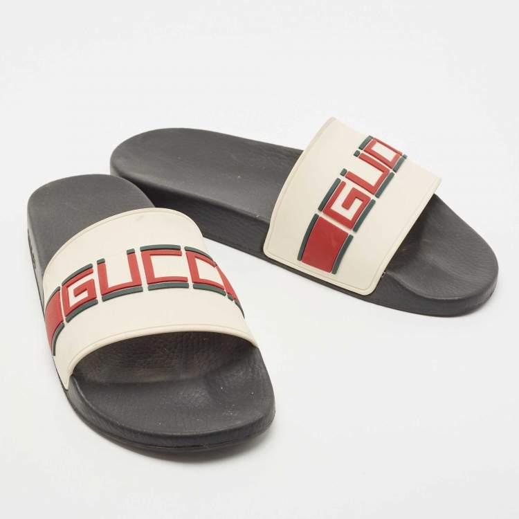 Pre Owned Gucci Cream Rubber Logo Slide Flats Size 44