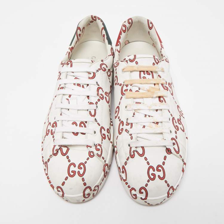 مملوكة مسبقًا Gucci White/Red Leather GG Ghost Ace Low Top Sneakers Size 43