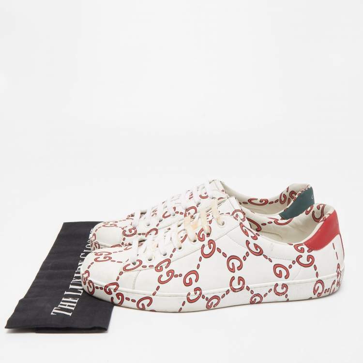 مملوكة مسبقًا Gucci White/Red Leather GG Ghost Ace Low Top Sneakers Size 43