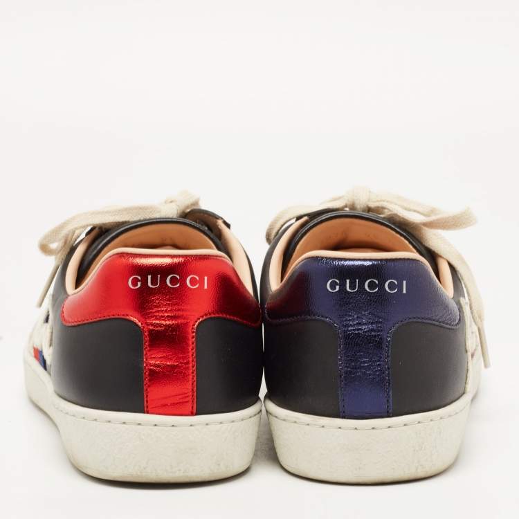 Pre Owned Gucci Black/Red Leather Ace Web Detail Blind For Love Low Top Sneakers  Size 43.5