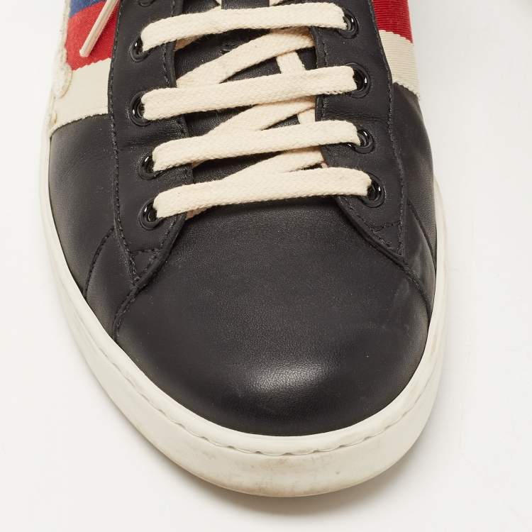 Pre Owned Gucci Black/Red Leather Ace Web Detail Blind For Love Low Top Sneakers  Size 43.5