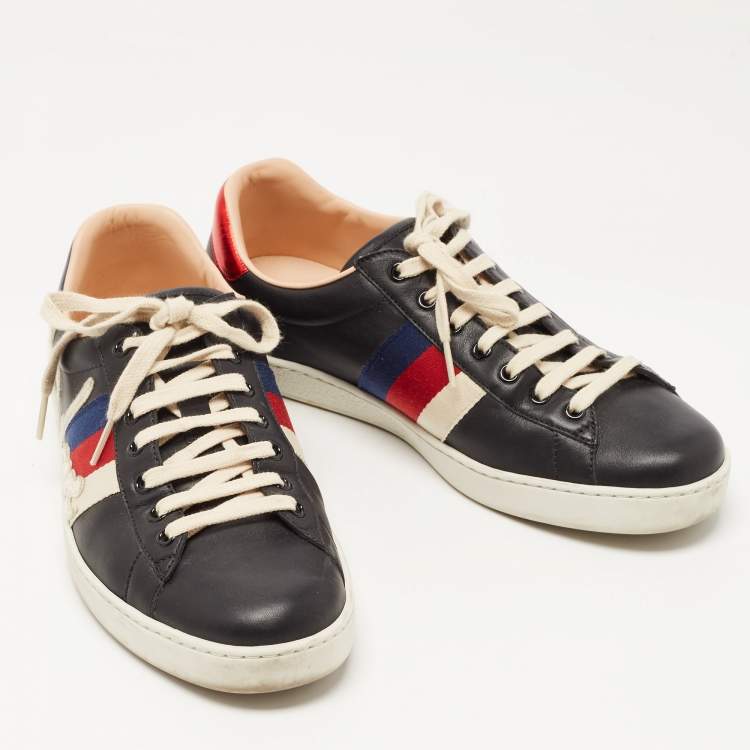 Pre Owned Gucci Black/Red Leather Ace Web Detail Blind For Love Low Top Sneakers  Size 43.5