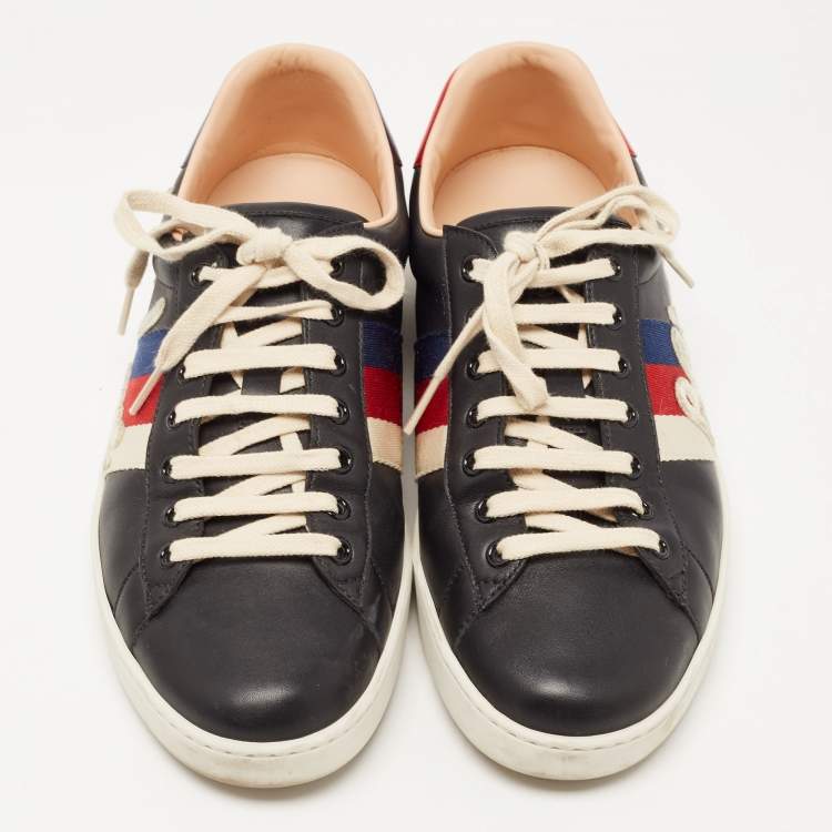 Pre Owned Gucci Black/Red Leather Ace Web Detail Blind For Love Low Top Sneakers  Size 43.5