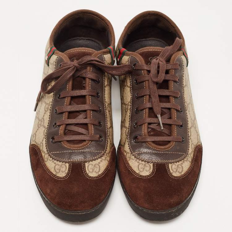 مملوكة مسبقًا Gucci Brown/Beige Suede and GG Supreme Canvas Barcelona Sneakers Size 43.5