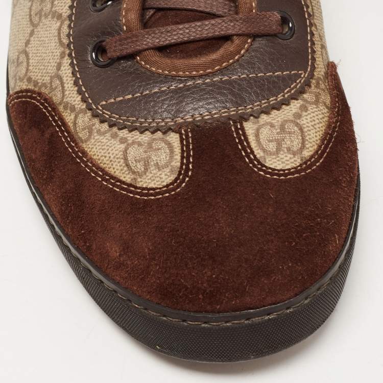 مملوكة مسبقًا Gucci Brown/Beige Suede and GG Supreme Canvas Barcelona Sneakers Size 43.5
