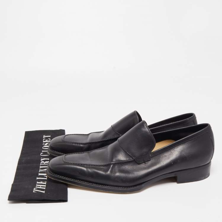 Pre Owned Gucci Black Leather Web Penny Loafers Size 41.5