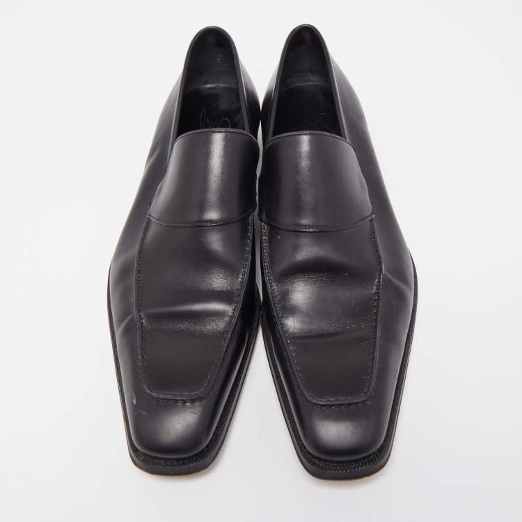 Pre Owned Gucci Black Leather Web Penny Loafers Size 41.5