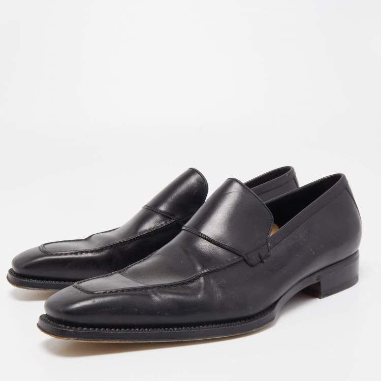 Pre Owned Gucci Black Leather Web Penny Loafers Size 41.5