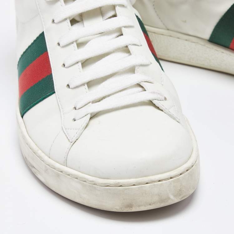 Pre Owned Gucci White Leather Stripe Ace High Top Sneakers Size 41.5