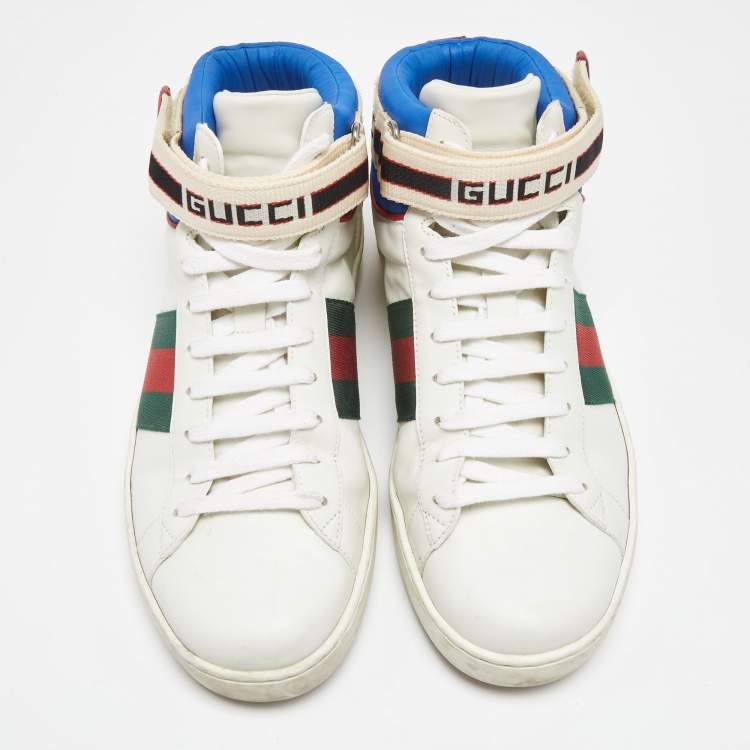 Pre Owned Gucci White Leather Stripe Ace High Top Sneakers Size 41.5