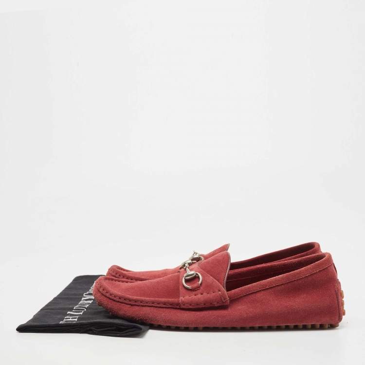 Pre Owned Gucci Red Suede Horsebit Slip On  Loafers Size 42