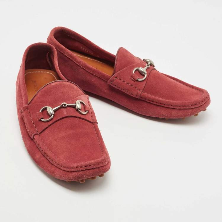 Pre Owned Gucci Red Suede Horsebit Slip On  Loafers Size 42