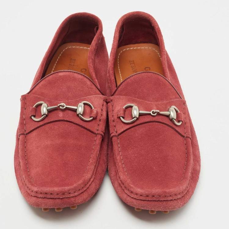 Pre Owned Gucci Red Suede Horsebit Slip On  Loafers Size 42