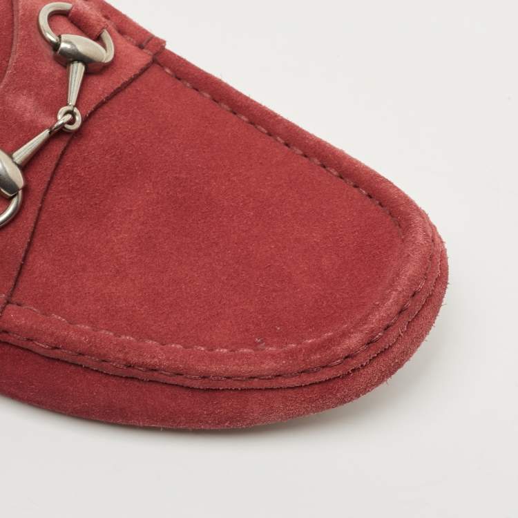 Pre Owned Gucci Red Suede Horsebit Slip On  Loafers Size 42