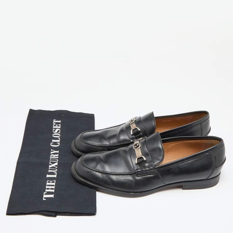 Pre Owned Gucci Black Leather Interlocking G Penny Loafers Size 41.5