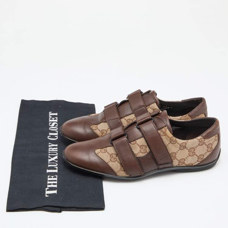 Pre Owned Gucci Brown/Beige GG Canvas and Leather Double Velcro Strap Sneakers Size 39.5