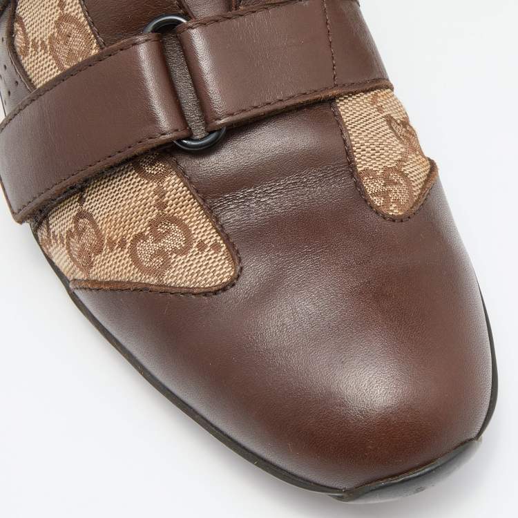 Pre Owned Gucci Brown/Beige GG Canvas and Leather Double Velcro Strap Sneakers Size 39.5